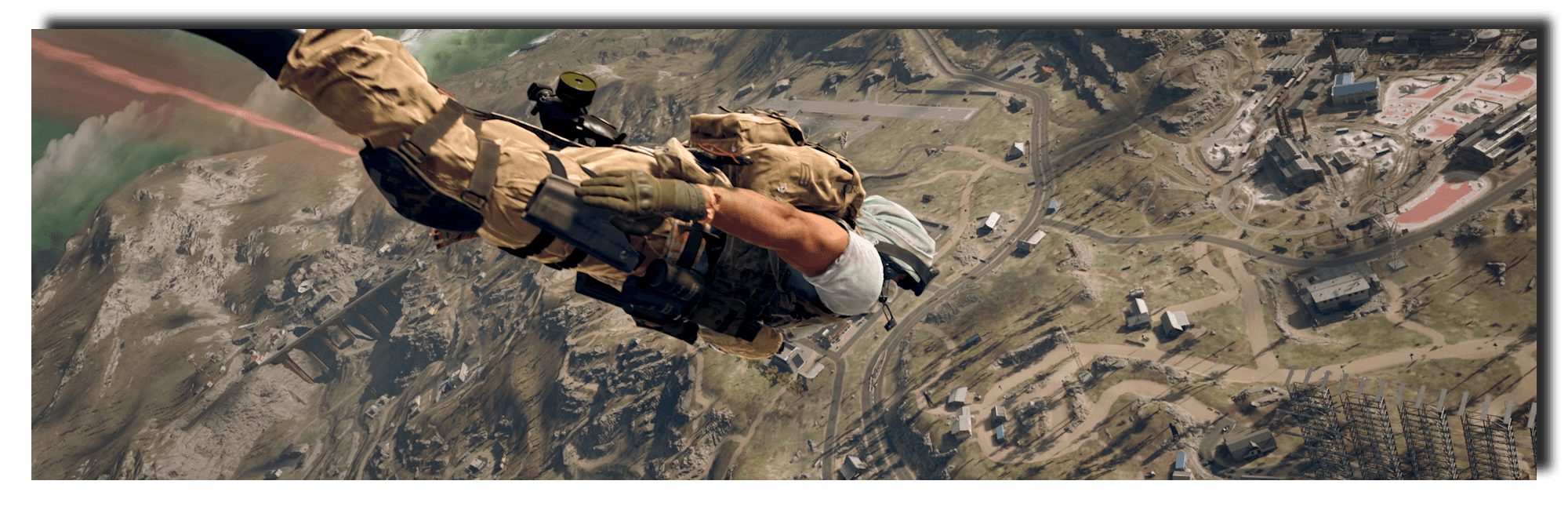 Epic action screenshot of an operator dropping into Verdansk.