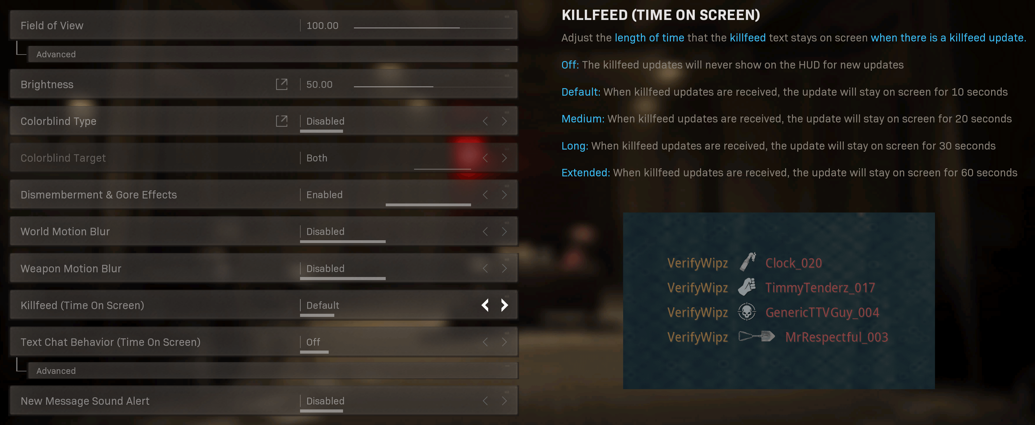 Screenshot della nuova opzione Killfeed Time on Screen