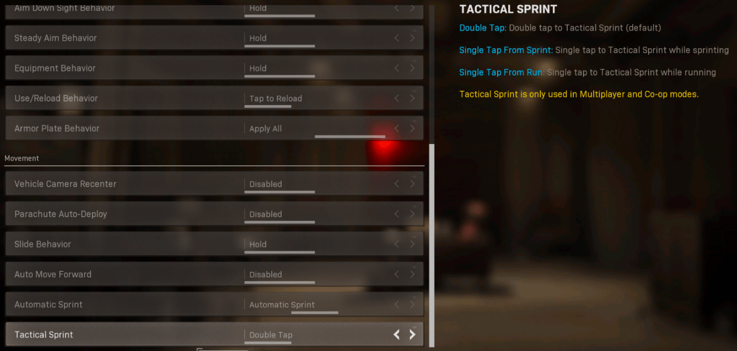 Screenshot of the new Tactical Sprint menu option