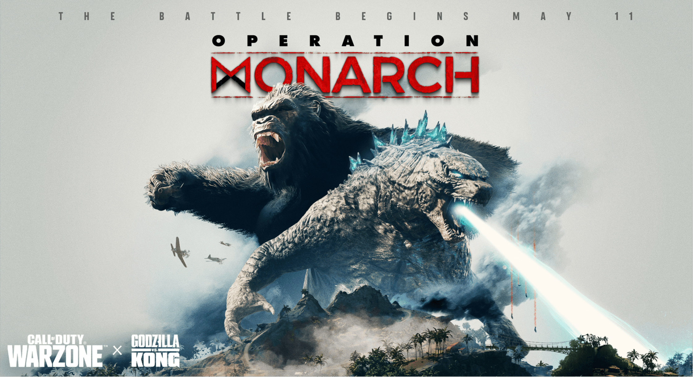 Key art of Operation Monarch showing Godizzla and Kong on Caldera